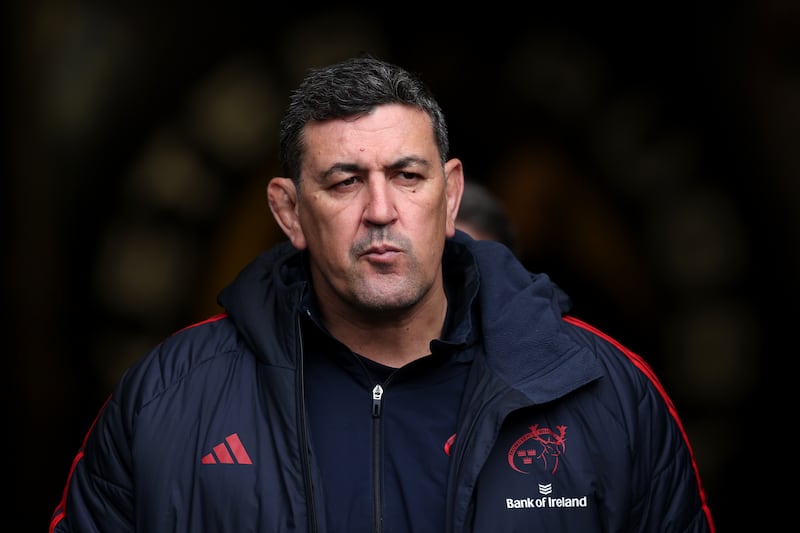 Clayton McMillan, head coach of Munster, looks on prior to the EPCR Challenge Cup match between Exeter Chiefs and Munster Rugby at Sandy Park on April 4th, 2026 in Exeter, England. Photograph: Michael Steele/Getty Images