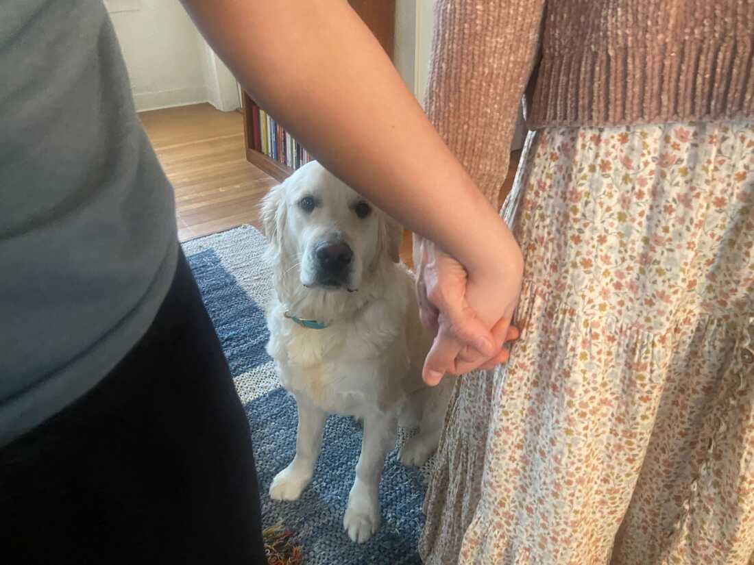 J and her son, who uses the nickname Bug, holding hands at home in western Massachusetts, with their dog Cosmo in the background.