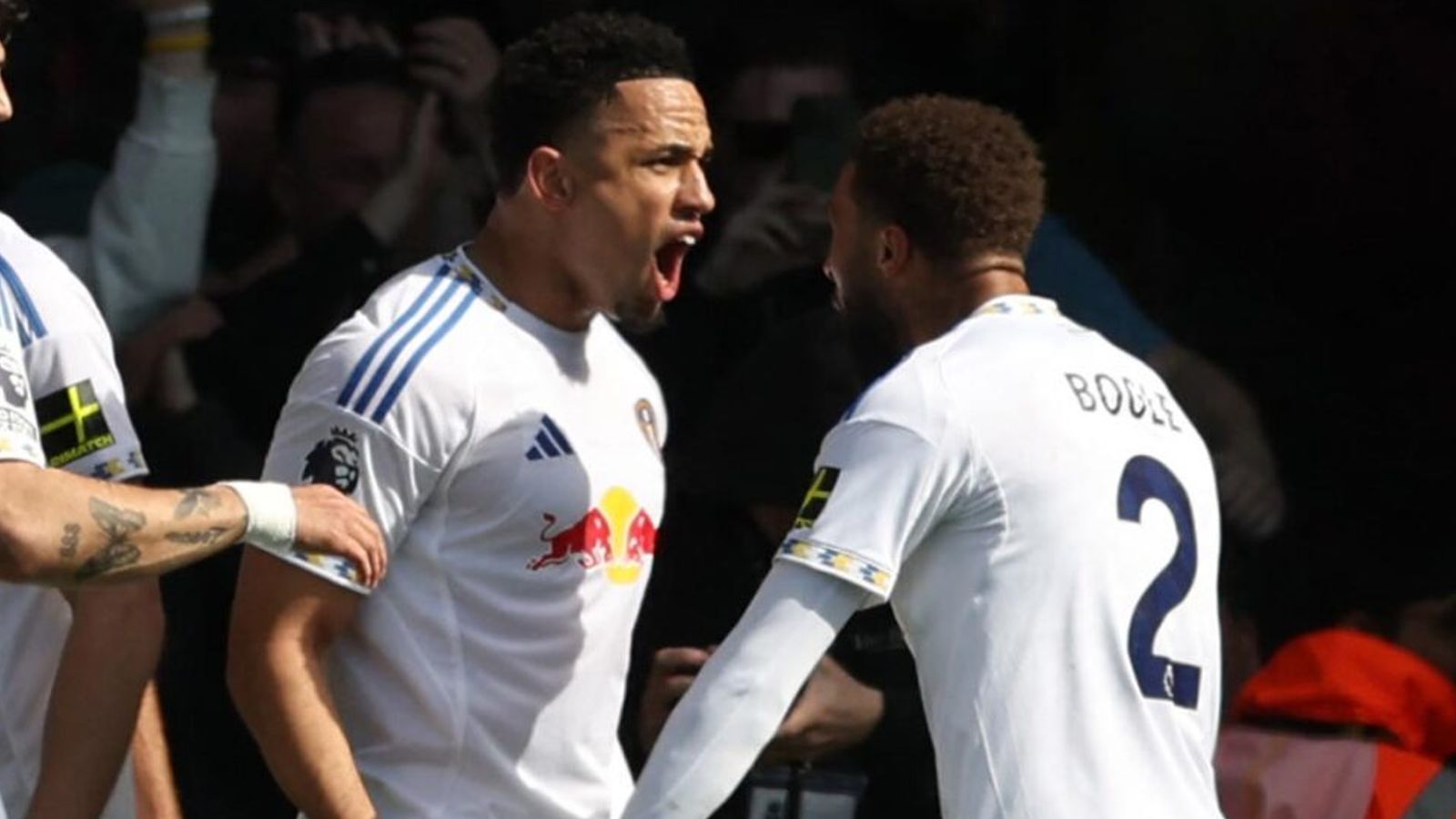 Noah Okafor celebrates after putting Leeds 2-0 up against Wolves