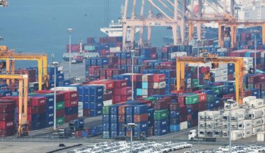 Containers bound for export are stacked at a port in Pyeongtaek, Gyeonggi Province, April 1. Yonhap