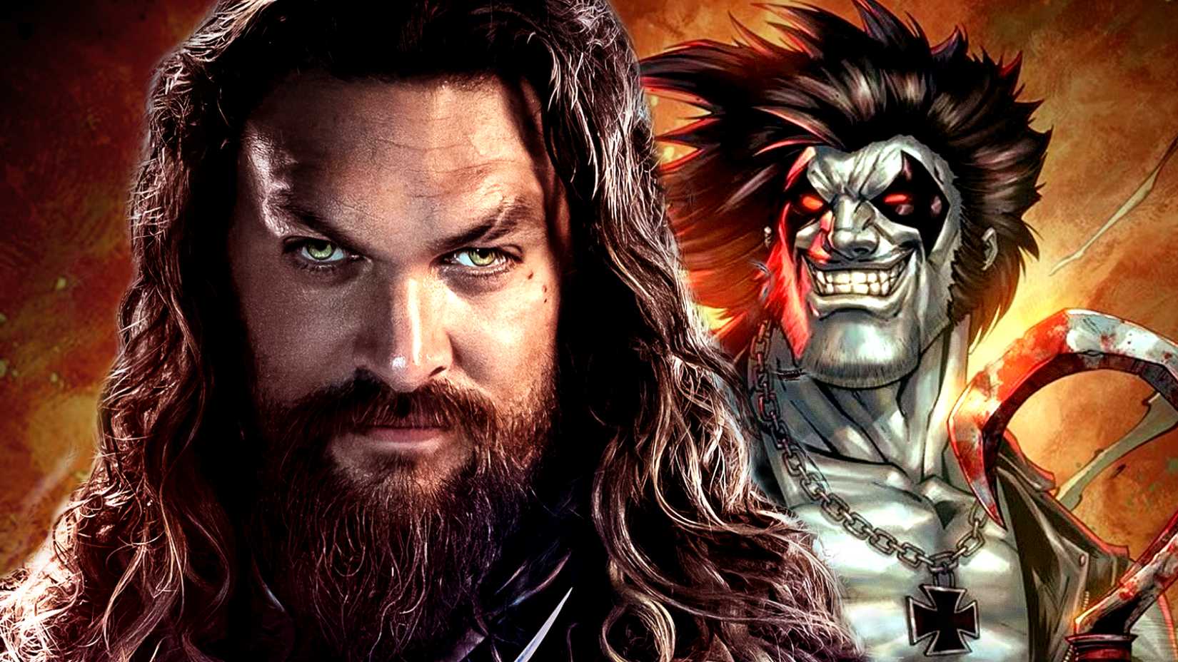 Jason Momoa's Aquaman looks at the camera while DC's Lobo smiles in the background