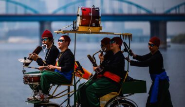 Dongmi Bicycle Club performs at Han River Park in Seoul during an interview with The Korea Times, April 3. Korea Times photo by Choi Won-suk