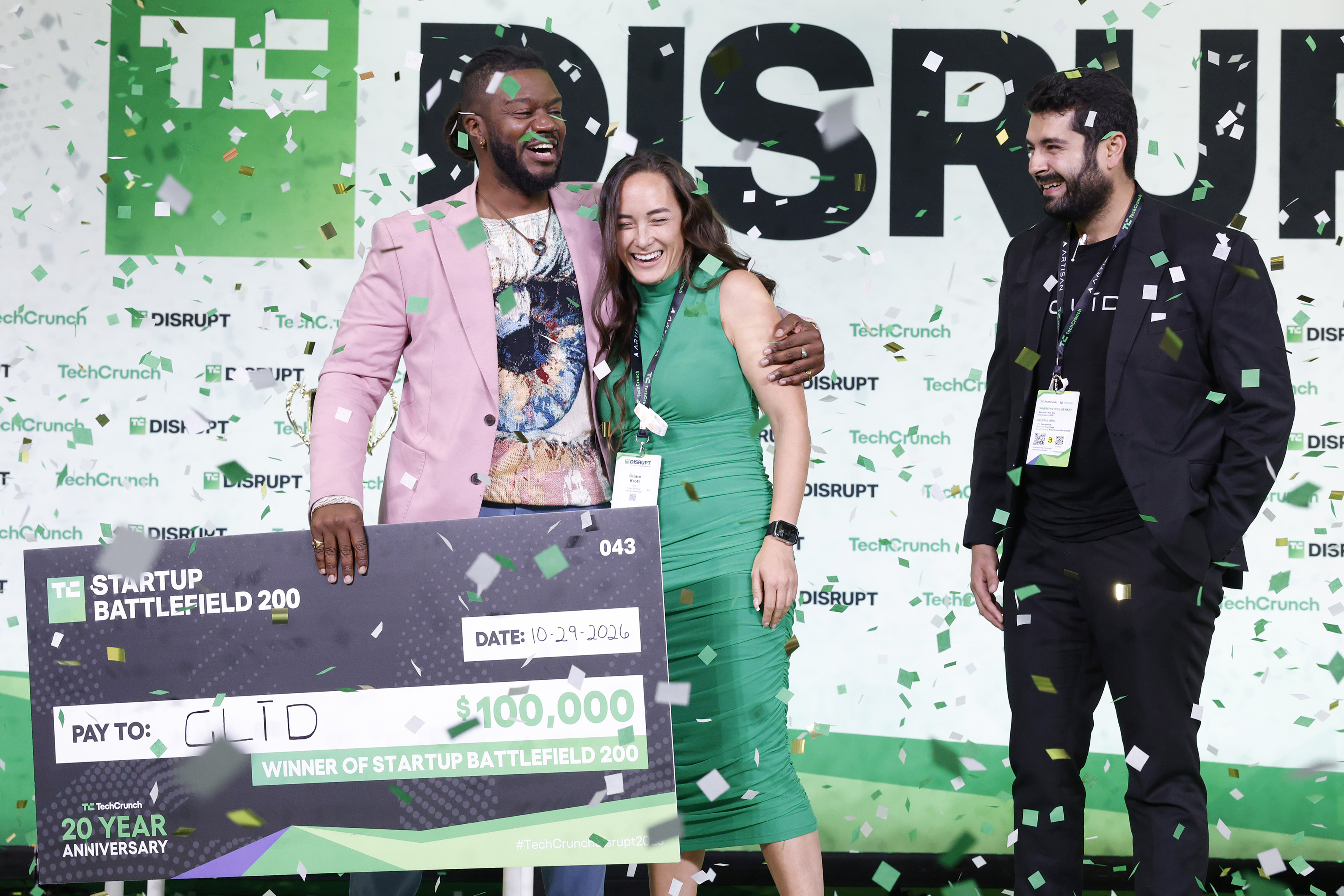 Kevin A. Damoa, Founder & CEO, Glīd, Claire Kroft and Ankit Malhotra, winners of the Startup Battlefield 2025, pose onstage during day three of TechCrunch Disrupt 2025 at Moscone Center on October 29, 2025 in San Francisco, California.