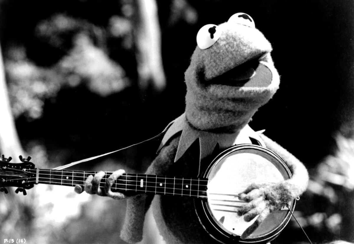 A frog puppet strums a banjo and sings.