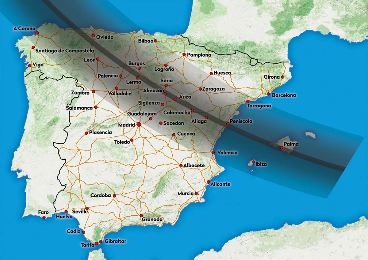 Map showing the path of the total solar eclipse across Spain and Portugal, 12 August 2026. Credit: BBC Sky at Night Magazine / Paul Wootton