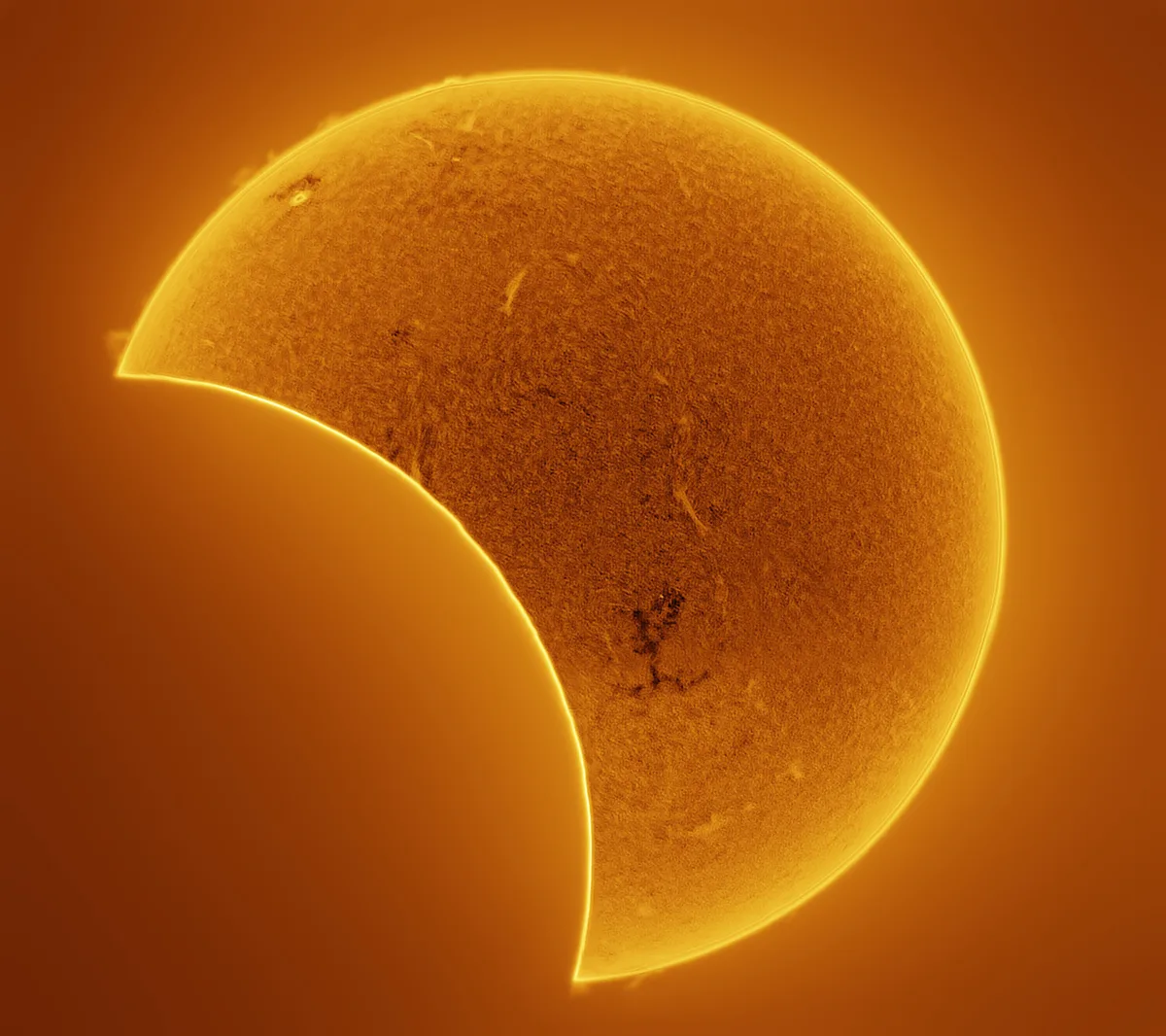 Partial solar eclipse, 29 March 2025. Amit Sharma, Aylesbury, Buckinghamshire, UK. Equipment: Coronado 60mm SolarmaxII, ZWO 290MM mini, Skywatcher AZEQ6 GT. Exposure: 40% frames stacked from 500 frames captures: 2 panes for disc and 2 for prominences. Software: Sharpcap, AutoStakkert, Graxpert, Pixinsight, imppg, Photoshop