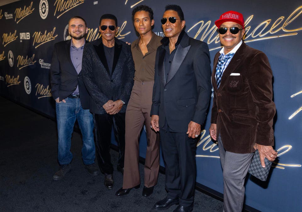 .(Left to right) Prince Jackson, Jackie Jackson, Jaafar Jackson, Jermaine Jackson and Marlon Jackson celebrate the release of the new Michael Jackson biopic 'Michael.' Monday, April 13, 2026 at Mark Spencer Auditorium at West Side Leadership Academy in Gary, Indiana (Photo by Barry Brecheisen)