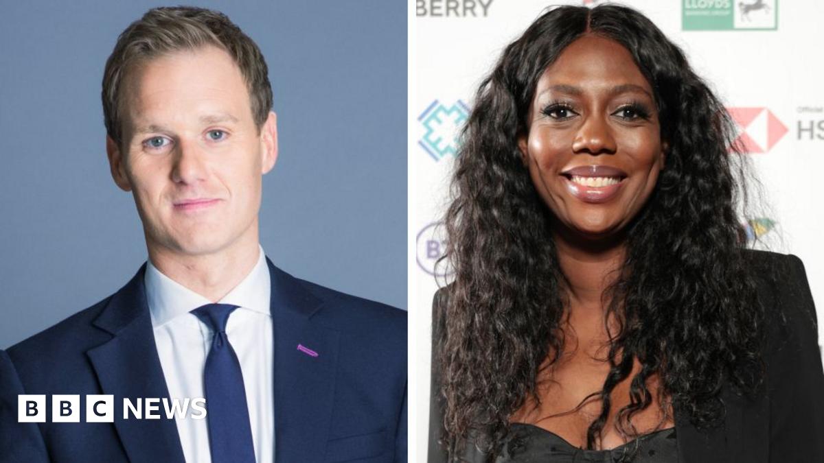 Dan Walker (left) wearing a suit with a dark blue tie, against a blue background, and Claudia-Liza Vanderpuije (right) wearing a black ensemble, against a white background