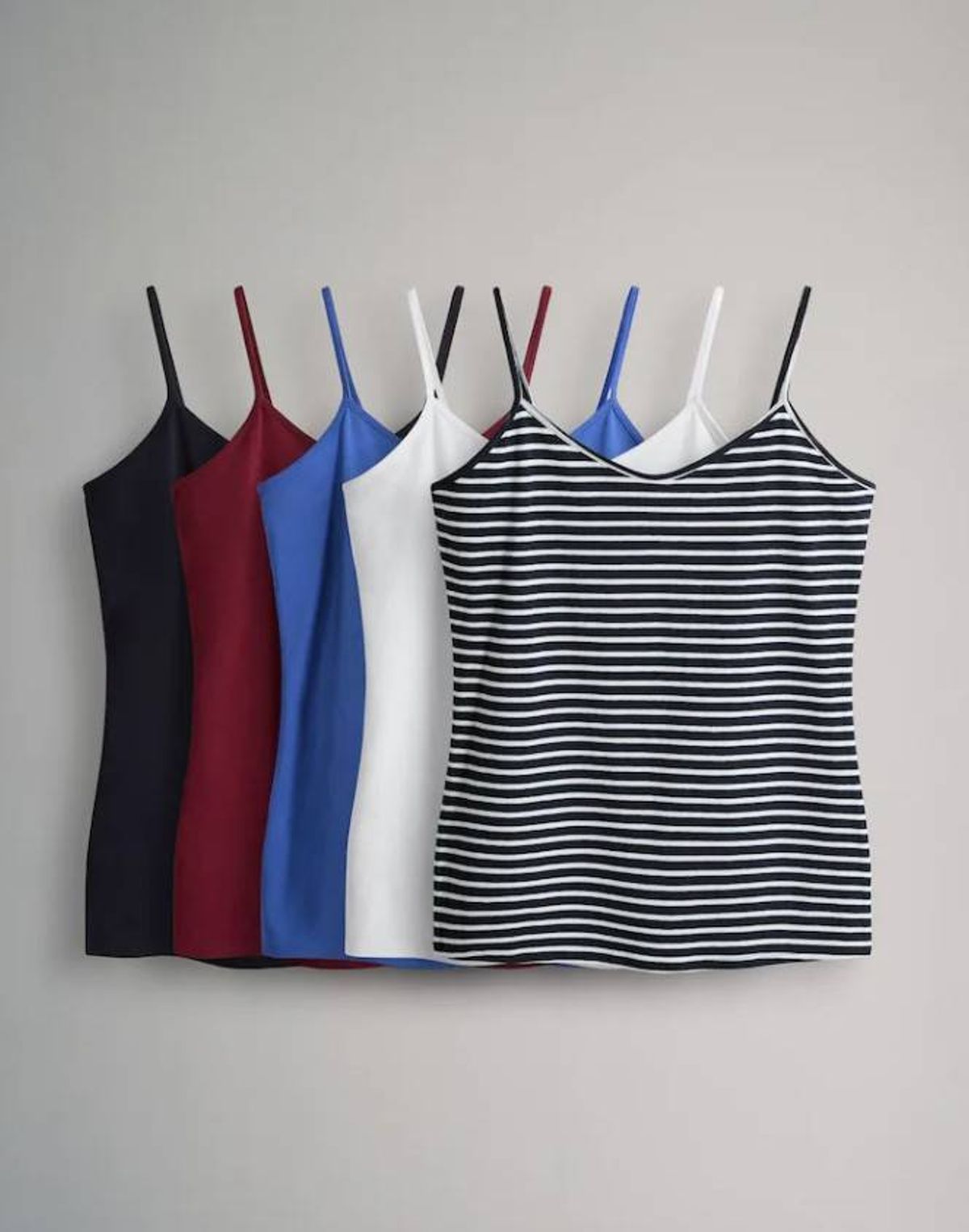 The Set 5 Pack Thin Strap Vest Tops Navy/Red/White/Blue/Stripe, €25
