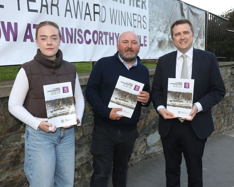 Shauna Clinton, James Crombie and Minister James Browne (performed launch) at the launch of the AIB Press Photographer of the Awards 2026 in Enniscorthy Castle. Photo. John Walsh Photography