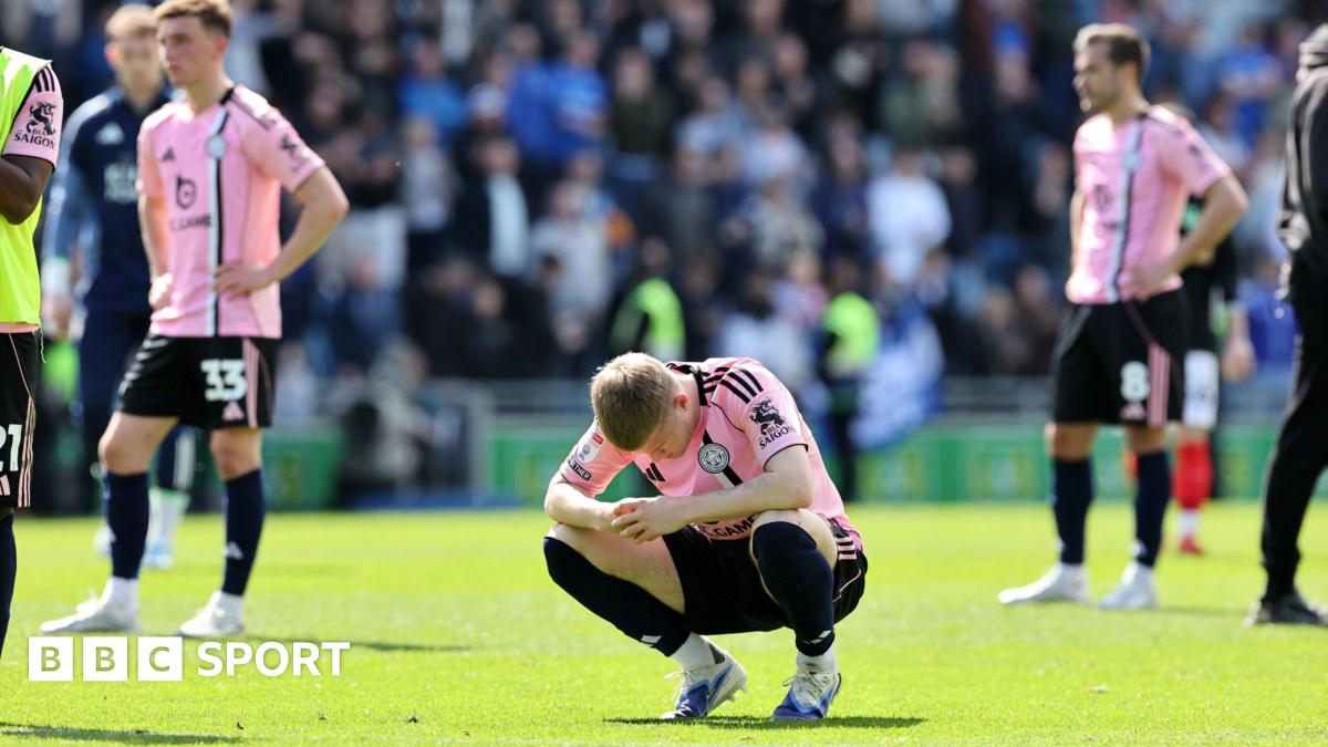 Leicester player Jordan James is hunched down in disappointment after the Foxes are beaten at Portsmouth.