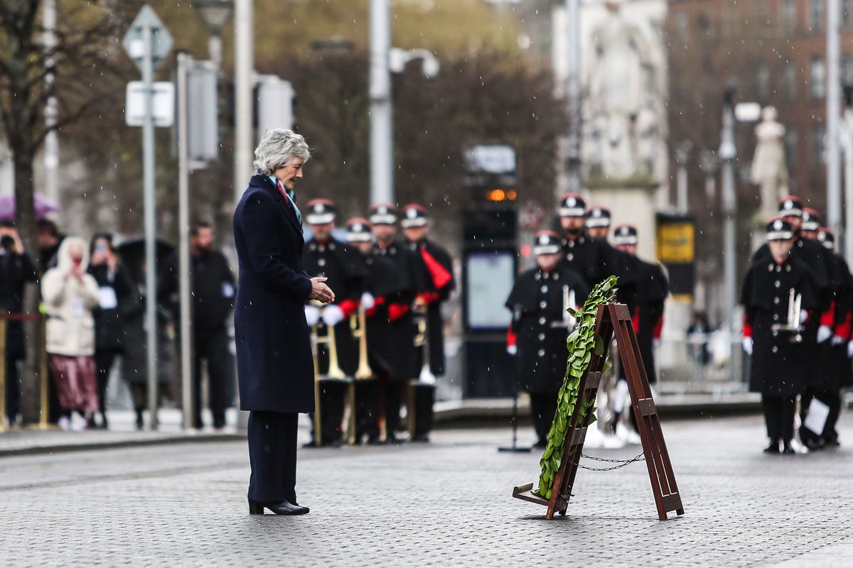 President of Ireland Catherine Connolly lays a wreath during a ceremony to mark the anniversary of the 1916 Easter Rising at the GPO on O'Connell Street Dublin. 
