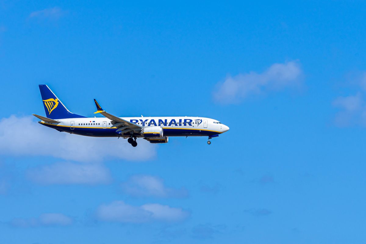 Spain, Majorca, Palma, April 30, 2025 - Ryanair aircraft approaching against clear sky