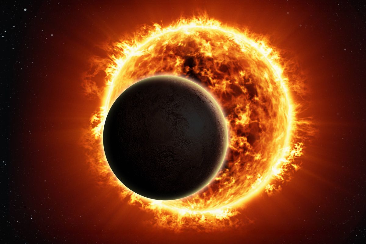 Dramatic astronomy illustration of a solar eclipse with a dark rocky planet passing in front of the blazing Sun, glowing orange corona and fiery solar flares forming a bright ring of fire in deep outer space. The silhouetted world creates a powerful alignment against the burning star, perfect for concepts of exoplanet transit, space exploration, cosmic energy, astrophysics, apocalypse, science fiction, climate and futuristic technology backgrounds.