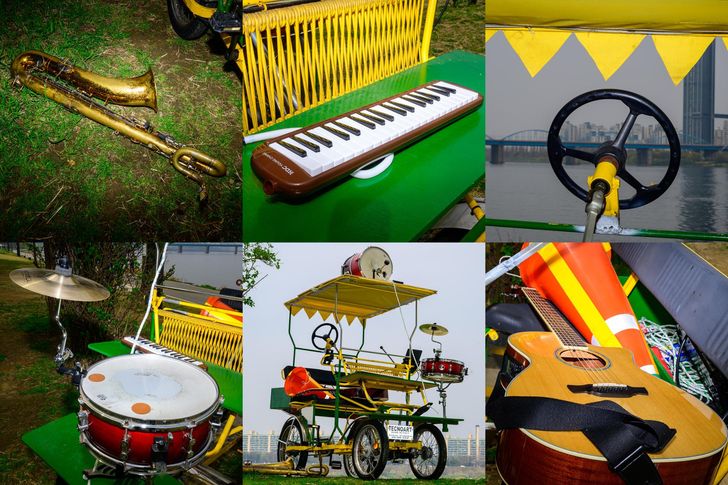 This combined photo shows Dongmi Bicycle Club's instruments and the Italian-made quadracycle the members use for live street performances. Korea Times photo by Choi Won-suk