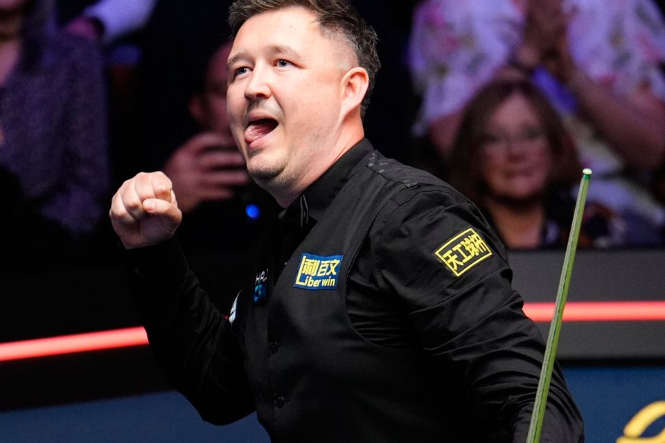 Kyren Wilson celebrates beating Stan Moody on day three of the Halo World Snooker Championship 2026 at the Crucible Theatre, Sheffield. (Martin Rickett/PA Wire)