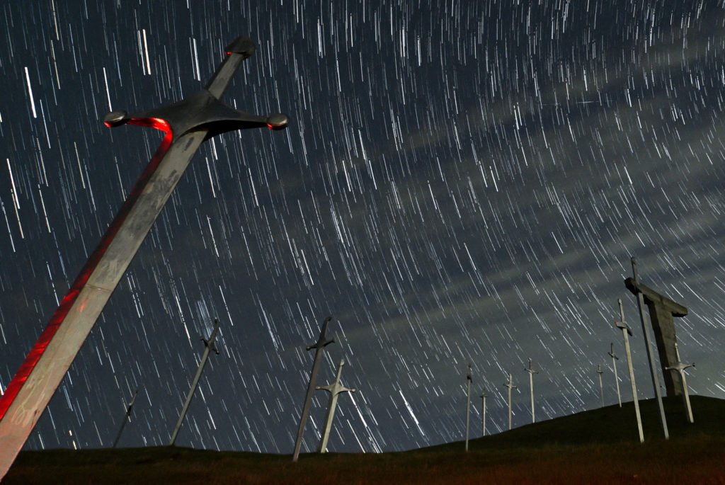 A view shows stars and meteor trails in the night sky above the Battle of Didgori memorial complex in Didgori