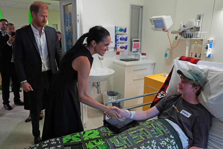 The couple meet patient Hamish in the Adolescent Oncology and Rehabilitation ward at the Royal Children's Hospital, in Melbourne, April 14, 2026.