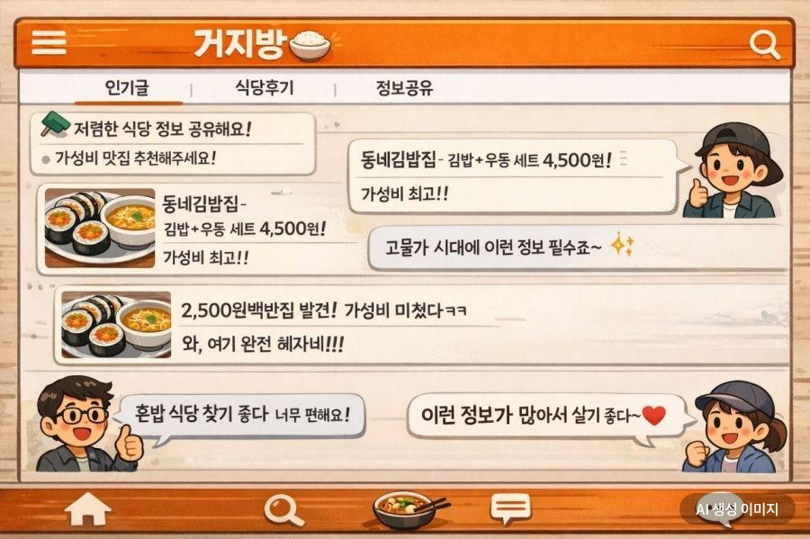 In the anonymous chat room "Geojibang," which served as the origin of Zimap, know-how to reduce expenses is shared in real time, including free exhibition information, convenience store "buy one get one free" promotions, group purchases of ingredients, tips for using discount coupons, and methods for purchasing products nearing their expiration date. The Asia Business Daily