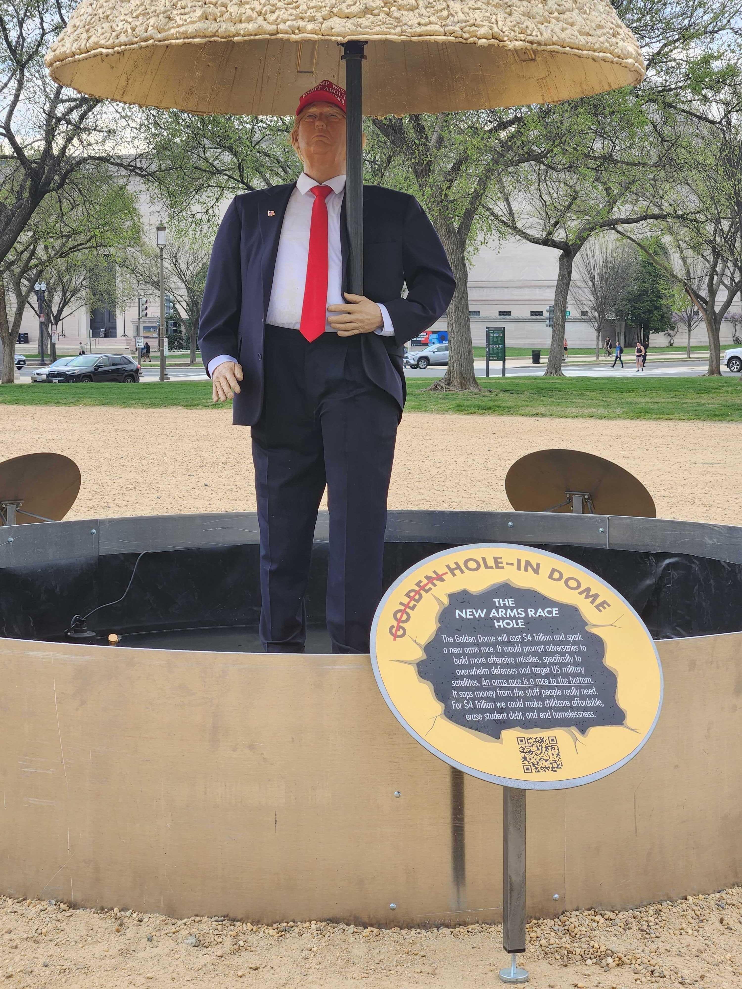 At a press conference following the statue’s unveiling Wednesday, speakers highlighted concerns that the ‘Golden Dome’ proposal relied on unproven technology and could trigger a new global arms race