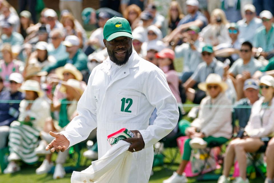 Golf - The Masters - Augusta National Golf Club, Augusta, Georgia, U.S. - April 8, 2026
Actor and comedian Kevin Hart, caddie for Bryson DeChambeau of the U.S., on the 2nd hole during the par 3 contest REUTERS/Brian Snyder
