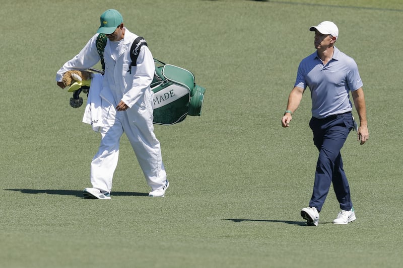 Rory McIlroy and his caddie Harry Diamond walking at Augusta. Photograph: Erik S Lesser/EPA