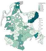 Percentage of high pathogenicity avian influenza subtype H5 seropositive juvenile and adult red foxes (Vulpes vulpes), by municipality, on the Island Rügen, northeast Germany, December 2023–February 2025. White circles represent total numbers of sampled and analyzed foxes per municipality.