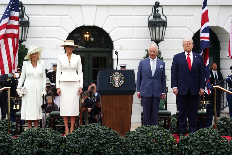 From left: Britain's Queen Camilla, US first lady Melania Trump, King Charles and US president Donald Trump attend a welcome ceremony on the South Lawn of the White House in Washington DC on Tuesday. Photograph: Will Oliver/EPA
