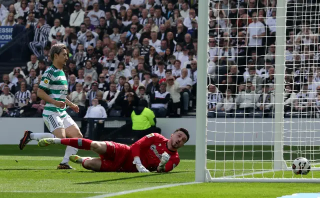 Celtic's Daizen Maeda scores their side's first goal of the game during the Scottish Gas Men's Scottish Cup Semi-Final match at Hampden Park, Glasgow