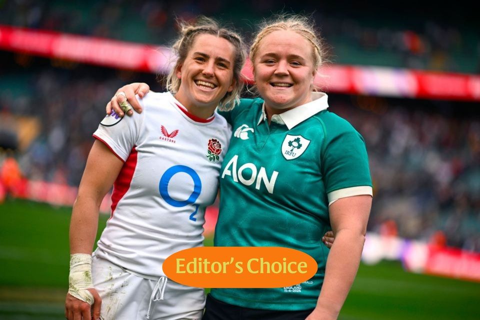 Claudia Moloney-MacDonald of England and Clíodhna Moloney-MacDonald of Ireland after the Women's Six Nations Rugby Championship match at Allianz Stadium in Twickenham. Photo: Shauna Clinton/Sportsfile