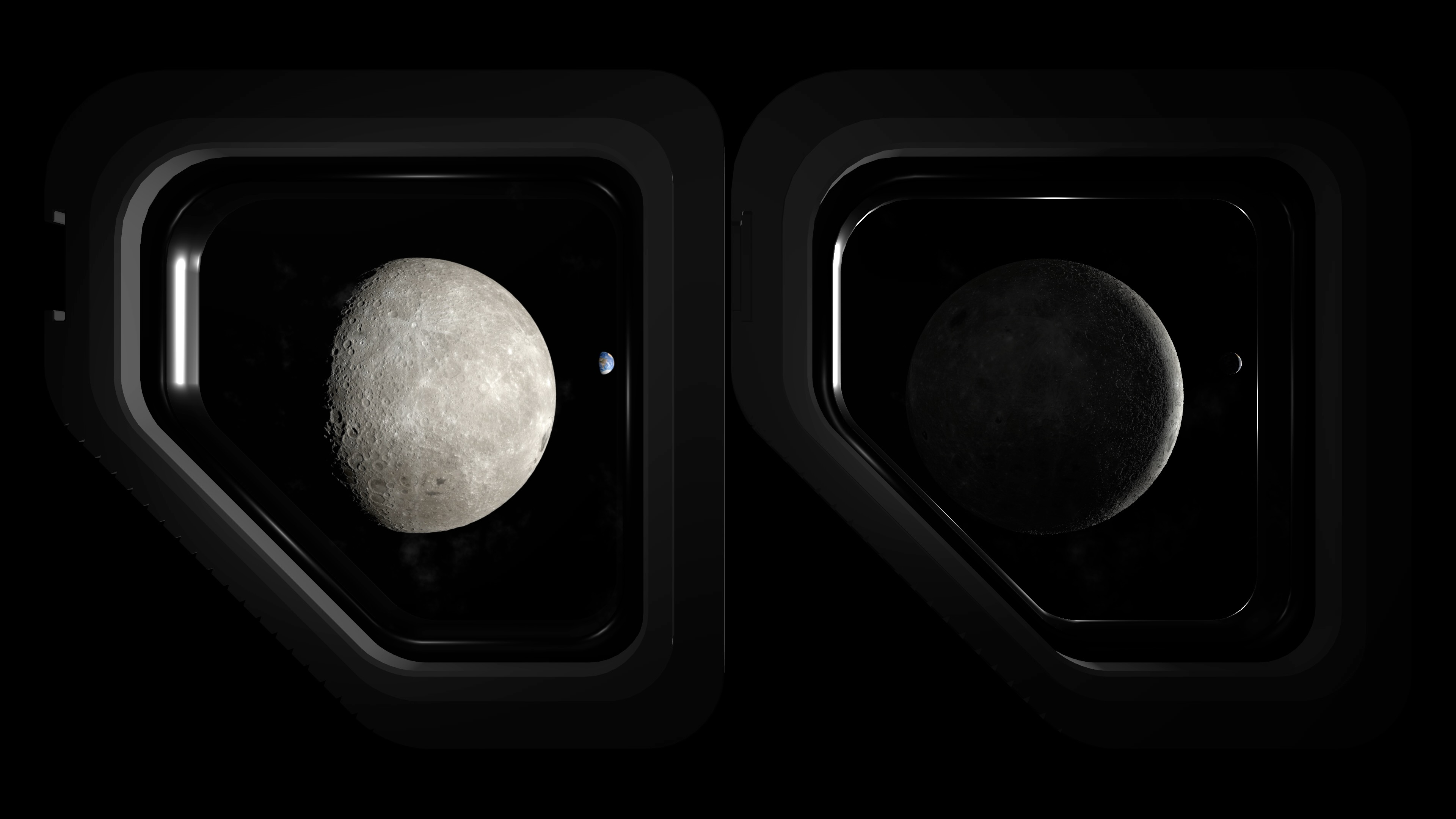two side-by-side images showing the moon, with a tiny-looking earth next to it, as seen through the window of a spacecraft