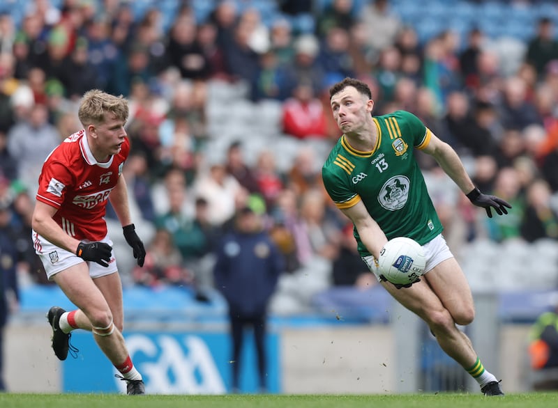 Meath's Jordan Morris, challenged by Dara Sheedy of Cork in this year's Division 2 final. Photograph: Tom Maher/Inpho