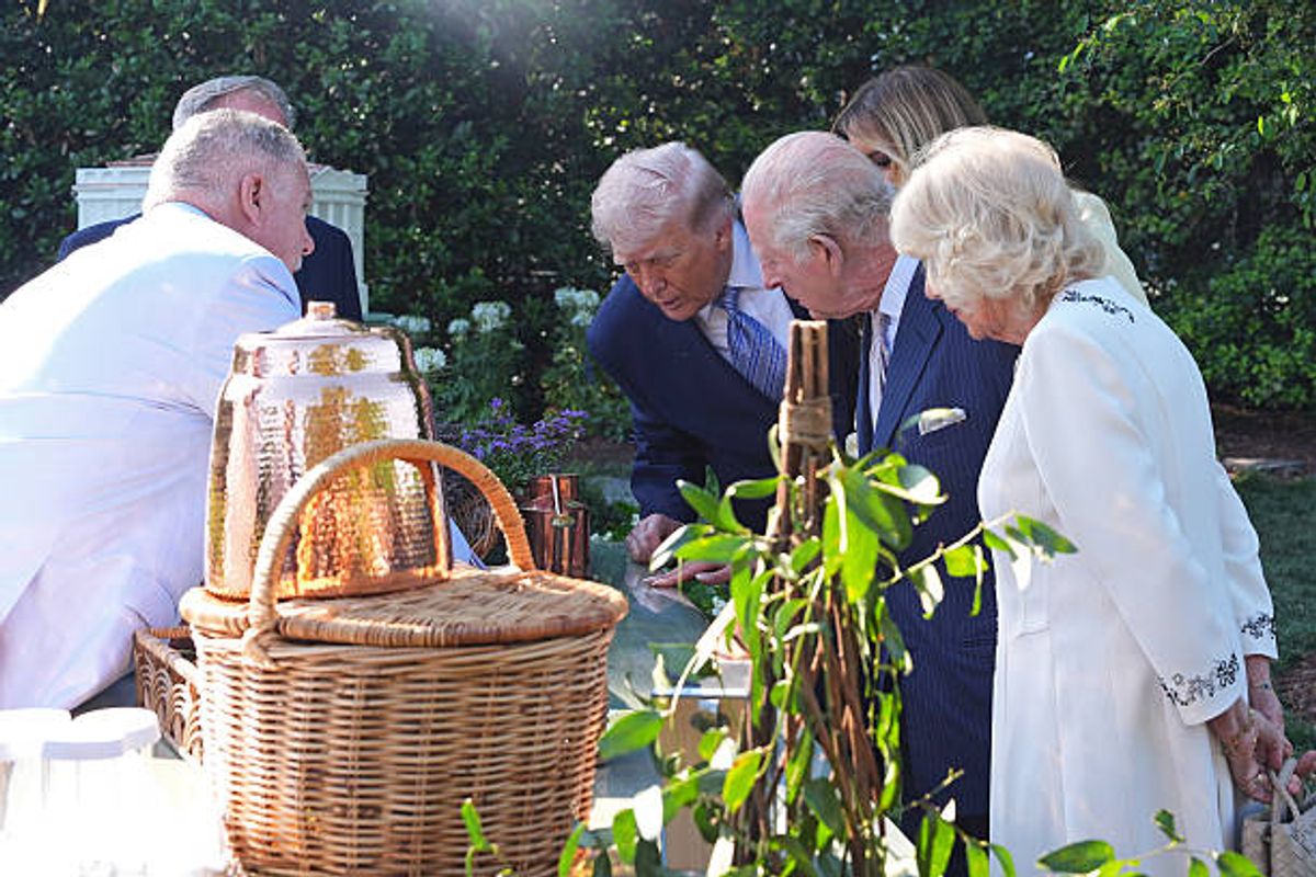 U.S. President Donald Trump, first lady Melania Trump, King Charles III and Queen Camilla visit the White House garden and bee hive on the South Lawn of the White House