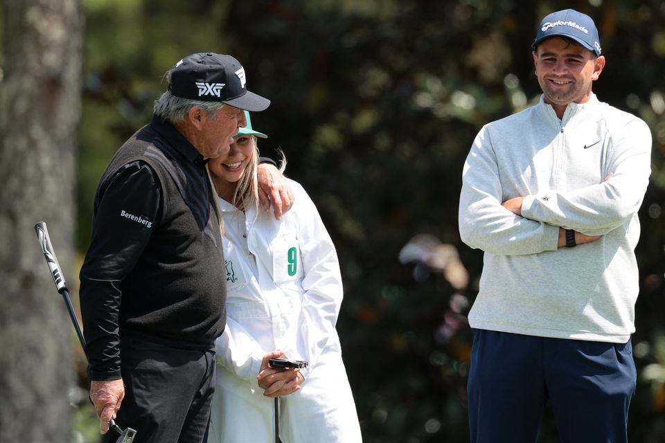 Golf - The Masters - Augusta National Golf Club, Augusta, Georgia, U.S. - April 8, 2026
South Africa's Gary Player with South Africa's Casey Jarvis during the par 3 contest REUTERS/Kylie Cooper
