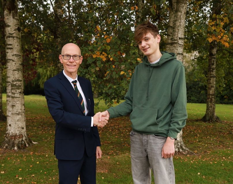 Principal Michael Finn with Oisin Hughes student from Gorey Community School who recently received a leaving cert points upgrade. PHOTO: Sabrina Ffrench