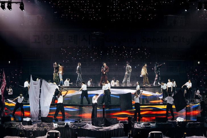 BTS members perform onstage during the group’s “BTS WORLD TOUR ‘ARIRANG’” concert at Goyang Stadium in Gyeonggi Province, Saturday, showcasing high-energy choreography. Courtesy of BigHit Music 