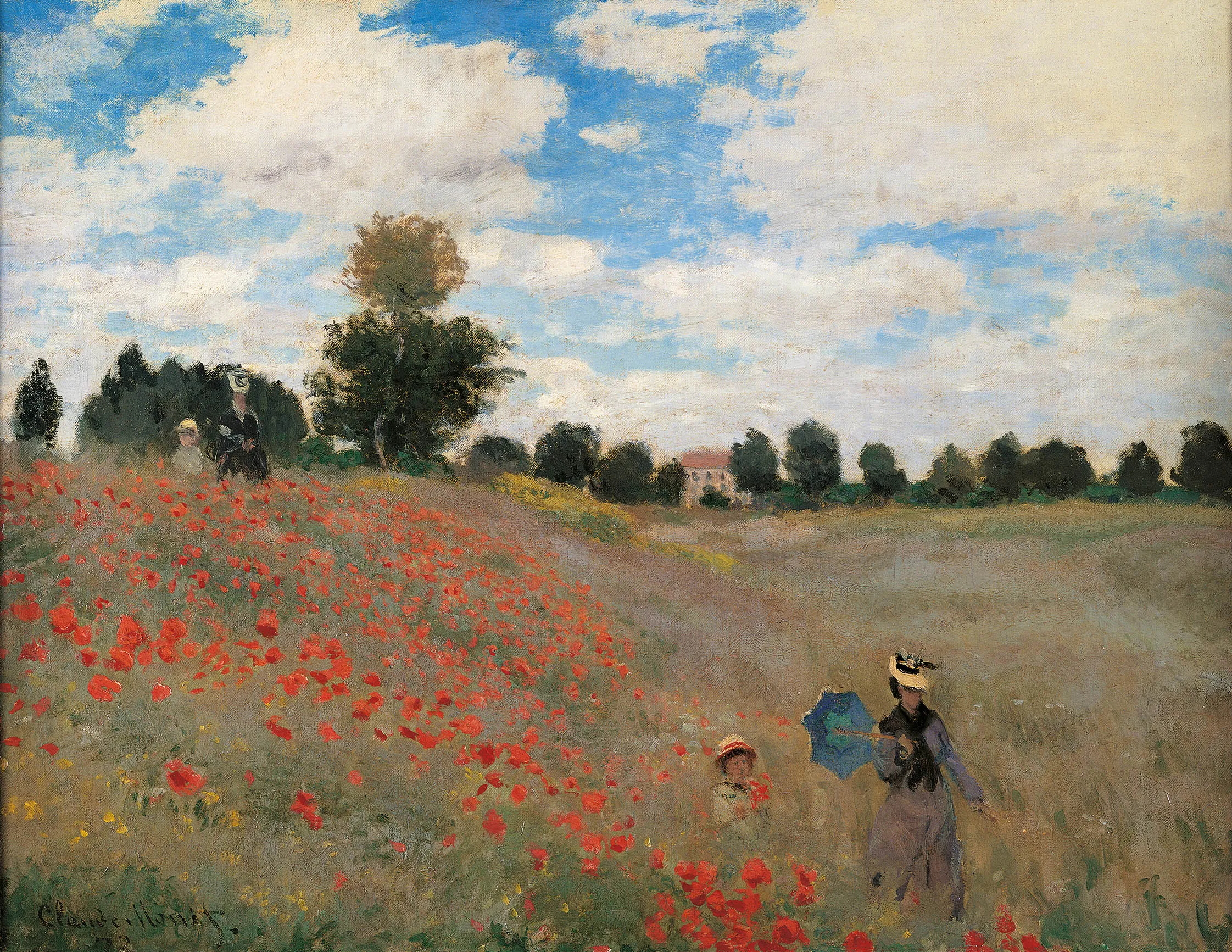 Oil on canvas painting titled "The Poppy Field" by Claude Monet, depicting women and children among poppies in Argenteuil.
