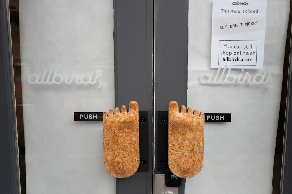 CHICAGO, ILLINOIS - APRIL 02: Paper covers the windows of a shuttered Allbirds store on April 02, 2026 in Chicago, Illinois. Five years ago, with 45 retail stores, the fast-growing brand had a market capitalization of about $4 billion. Today, with only 2 outlets stores, the company's remaining assets are reportedly being sold for $39 million, roughly 1% of its peak market capitalization.  (Photo by Scott Olson/Getty Images)