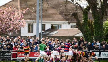 A view of a scrum between semi-final opponents Clontarf and Lansdowne
