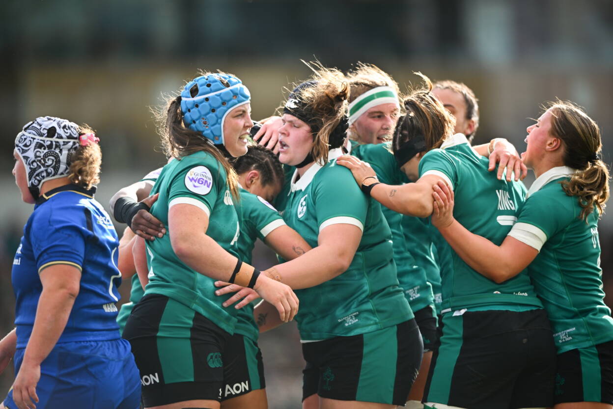 The Ireland players celebrate a try at Dexcom Stadium last week