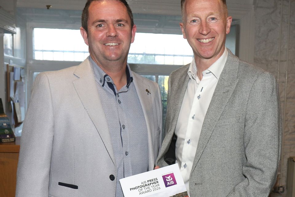 Cllr. Aidan Browne and MJ Furong (AIB Enniscorthy) at the launch of the AIB Press Photographer of the Awards 2026 in Enniscorthy Castle. Photo. John Walsh Photography