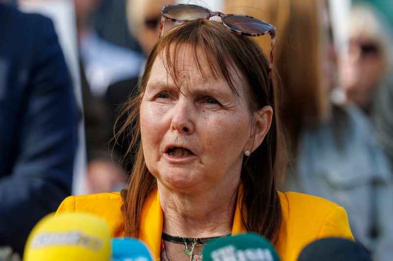 Jackie Butler, daughter of Paddy Butler, speaks with the media outside Belfast Coroner's Court. Photograph: Liam McBurney/PA Wire