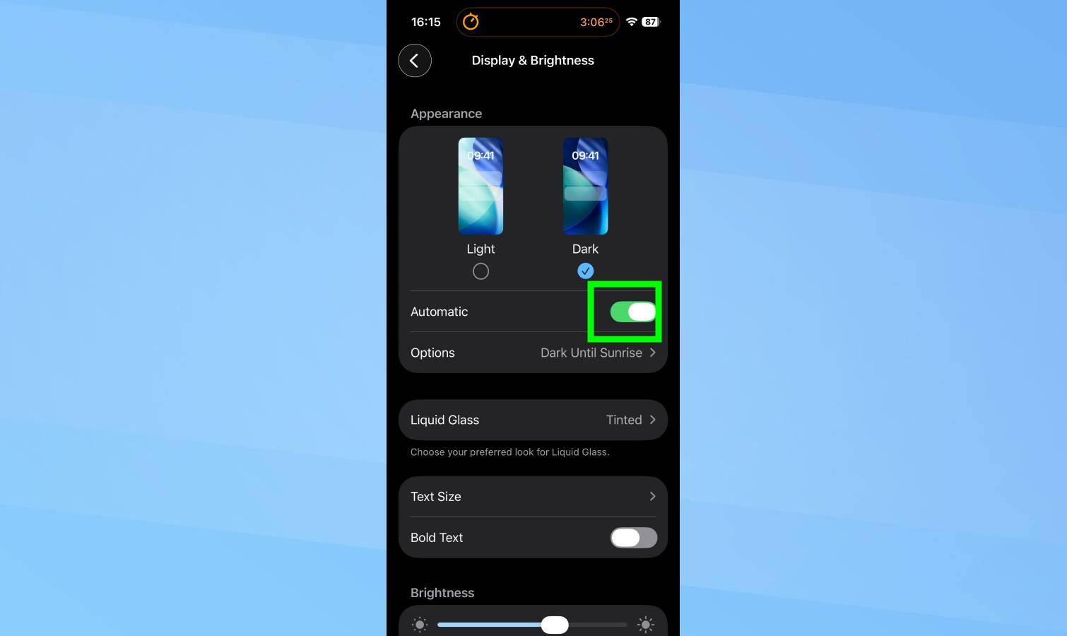 Dark mode and automatic turned on in iPhone