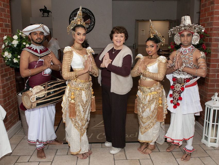 Guest Cllr Catherine Walsh pictured with the dancers during the celebration of the Sri Lankan New Year at Hotel Curracloe on Friday. Pic: Jim Campbell