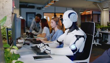 A humanoid robot typing at a keyboard in an office.