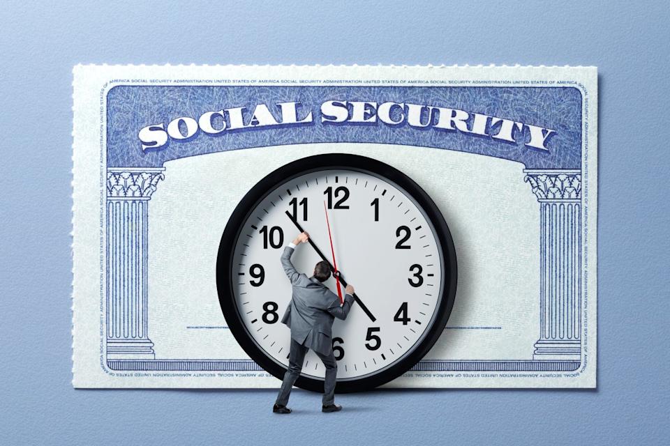 Social Security card behind a person moving hands on a clock.