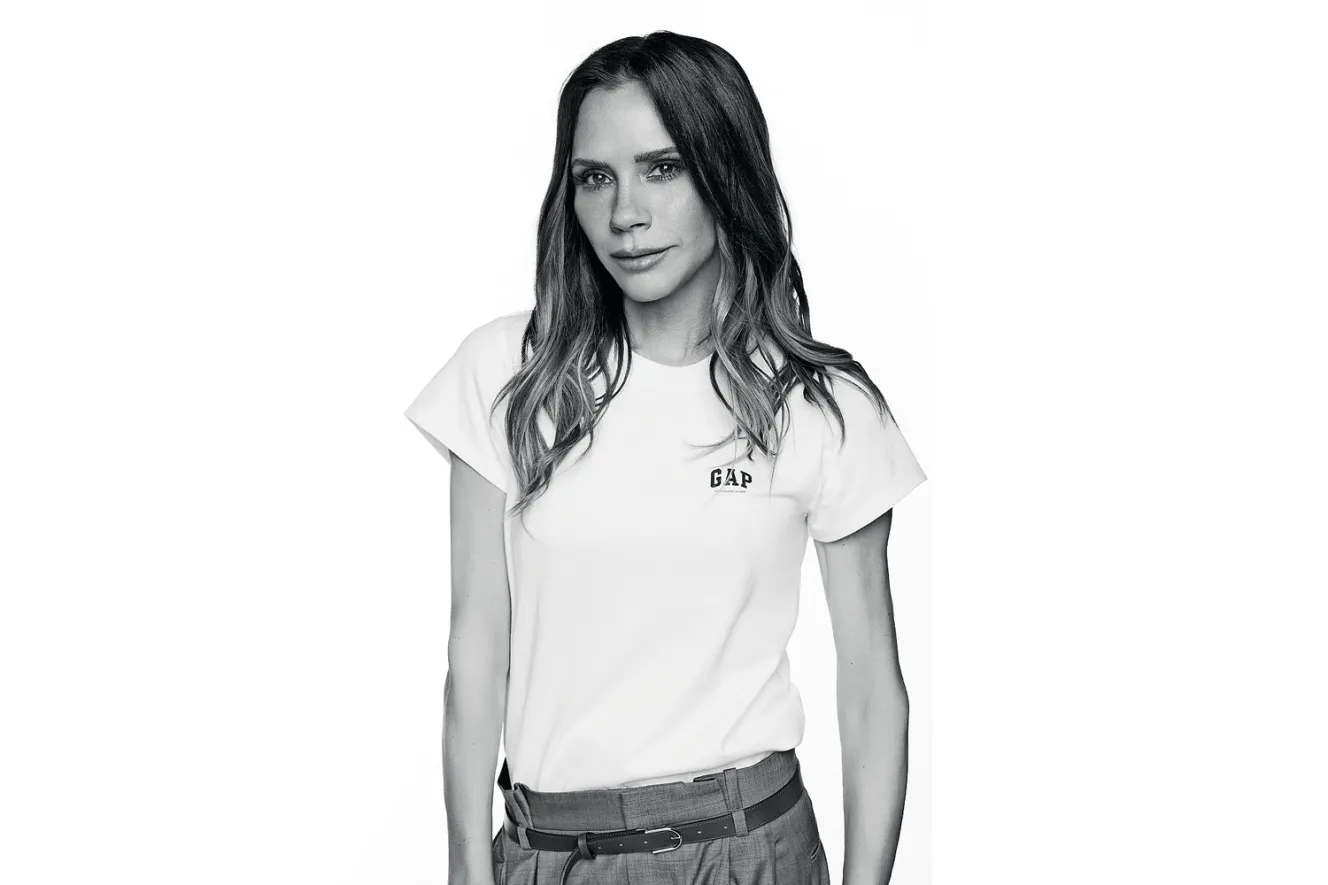 Victoria Beckham in a white Gap t-shirt.