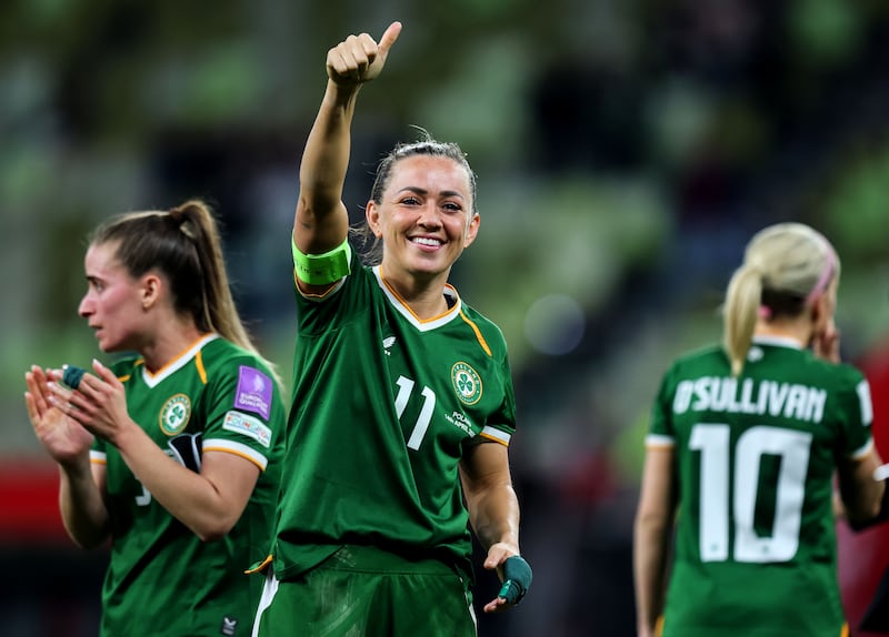 Katie McCabe celebrates after Ireland's win over Poland. Photograph: Ryan Byrne/Inpho