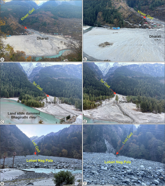 Fig. 4: Field photographs of the deposition zones of the three channels with proximalsource zones which experienced near-synchronous mudflows on 5 August 2025.