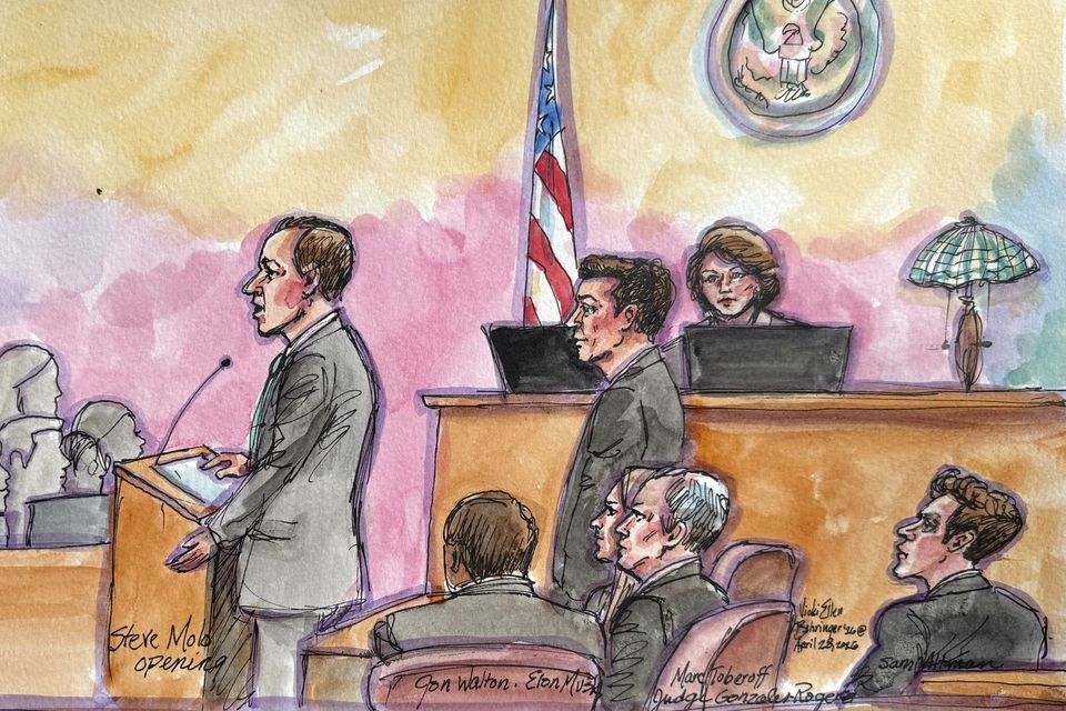 Steven Molo makes an opening statement near his client Elon Musk as OpenAI CEO Sam Altman watches, during Musk's lawsuit trial over OpenAI's for-profit conversion at a federal courthouse in Oakland, California, U.S., April 28, 2026 in a courtroom sketch. REUTERS/Vicki Behringer
